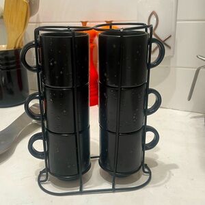 Arrow + Feather 6 Stacking Expresso Cups Black Gold Speckle With Rack.